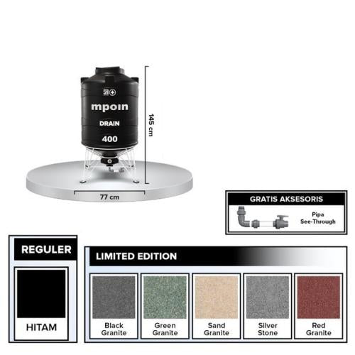 340 L / M POIN + DRAIN D 400 Water Torrent Tangki Tandon Air PVC Hitam Set