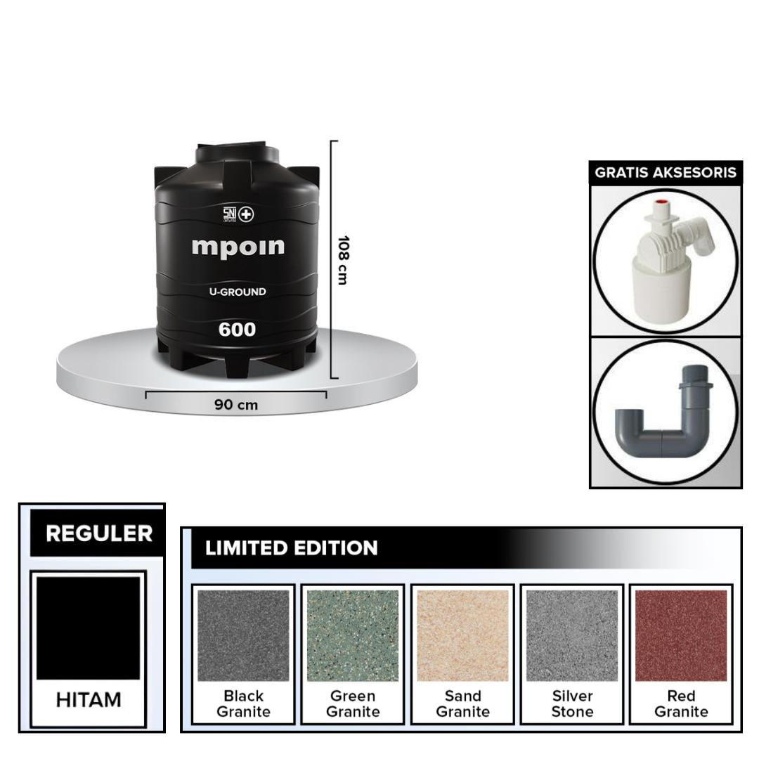 510 L / MPOIN + U GROUND UG 600 Water Torrent Tangki Tandon Air PVC Hitam + Acc Set