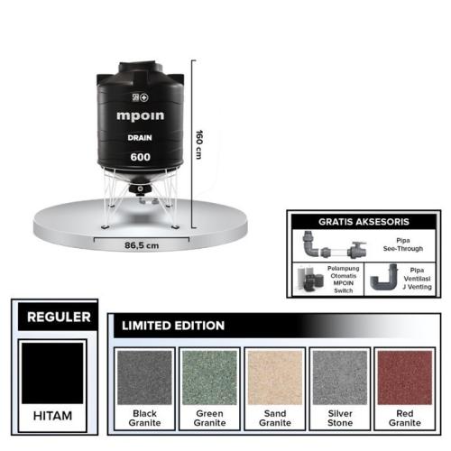 510 L / MPOIN + DRAIN D 600 Water Torrent Tangki Tandon Air PVC Silver Stone + Acc Set