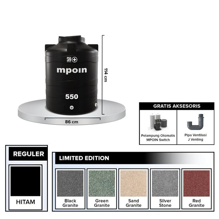 560 L / MPOIN + WAVE W550 Water Torrent Tangki Tandon Air PVC Black Granite + Acc Set