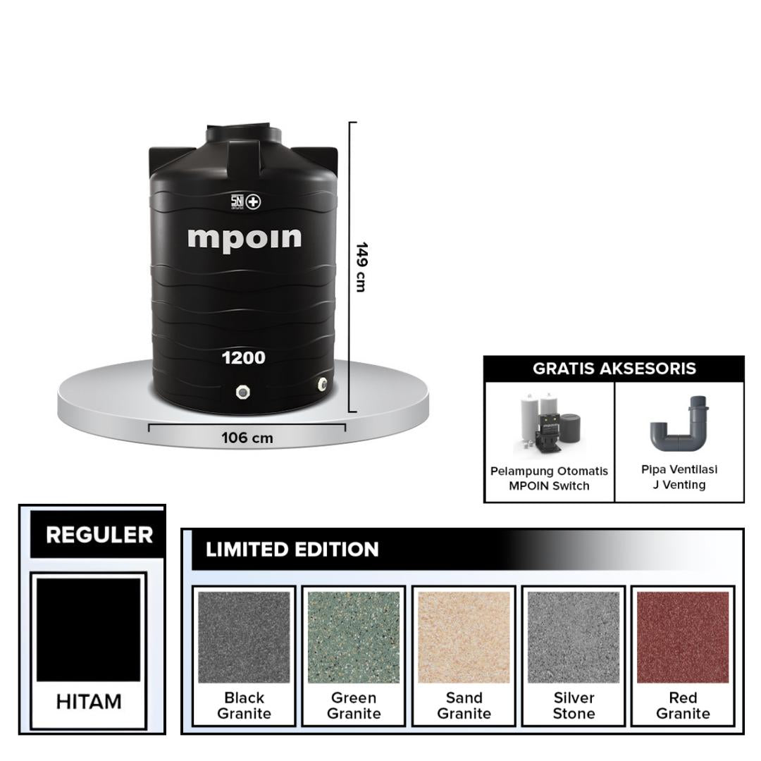 1150 L / MPOIN + WAVE W1200 Water Torrent Tangki Tandon Air PVC Black + Acc Set