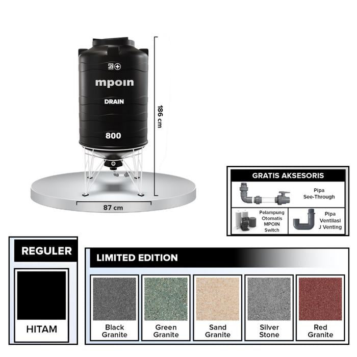670 L / MPOIN + DRAIN D800 Water Torrent Tangki Tandon Air PVC Hitam + Acc Set