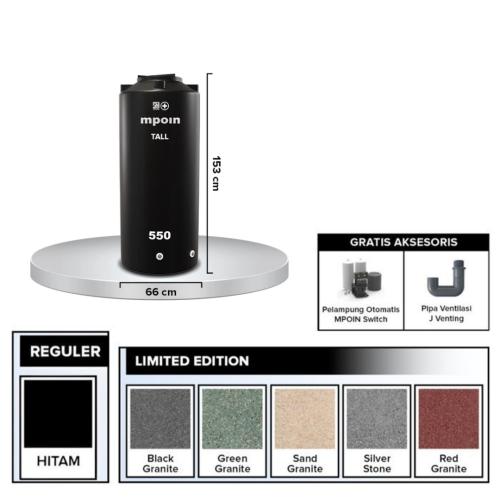 550 L / MPOIN + TALL TW 550 Water Torrent Tangki Tandon Air PVC Black Granite + Acc Set