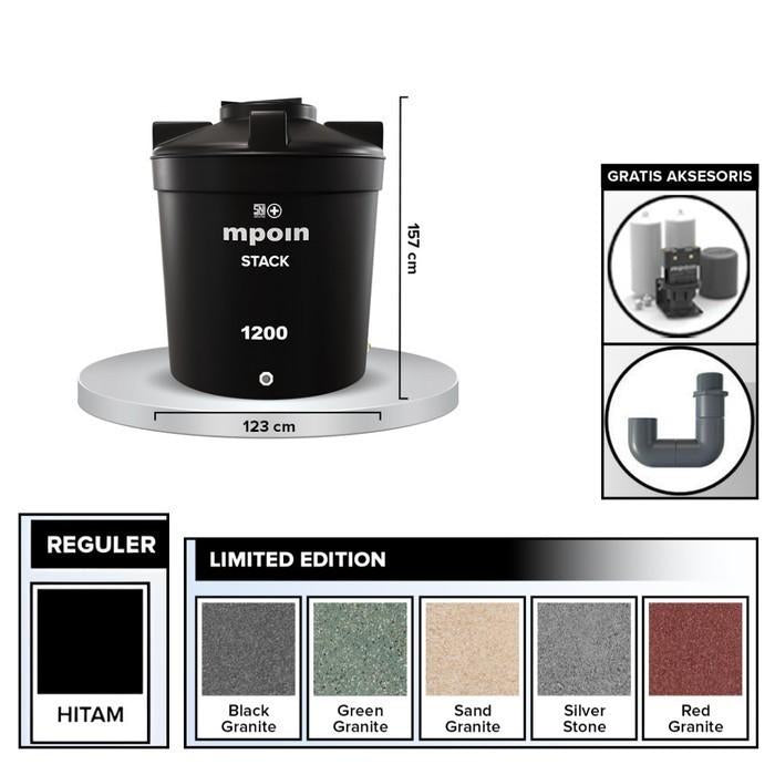 1200 L / MPOIN + STACK S1200 Water Torrent Tangki Tandon Air PVC Silver Stone + Acc Set
