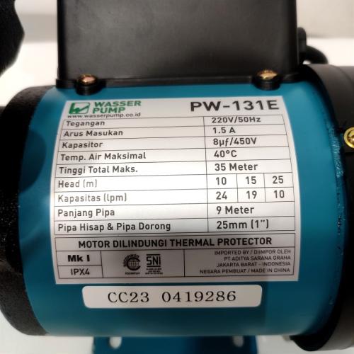 WASSER PW 131E Pompa Air Sumur Dangkal Semi Jet Pump Non Otomatis Set