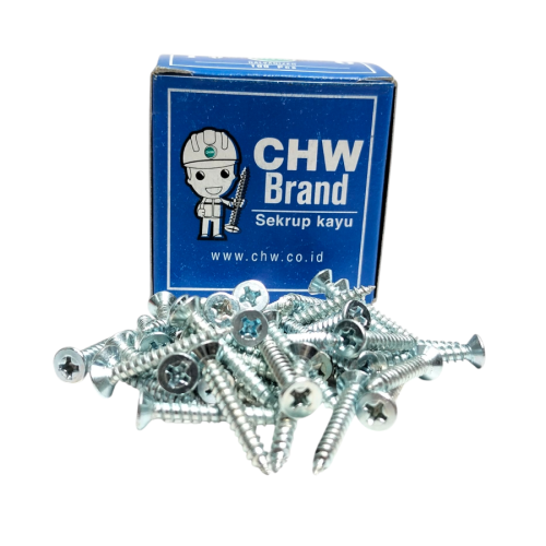 1 IN / CHW BRAND Sekrup Baut Kayu Kepala Rata Plus Wood Screw Dus