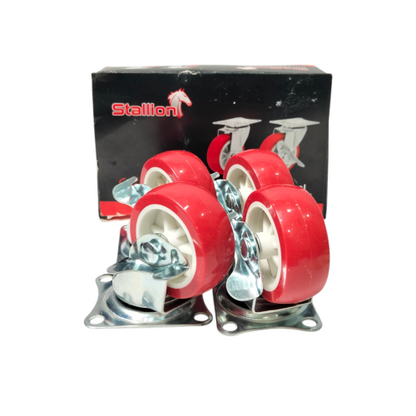 2 IN / STALLION Roda Rem Hidup Trolly Bentuk Drat 50 MM Karet Merah 4 Pcs Dus