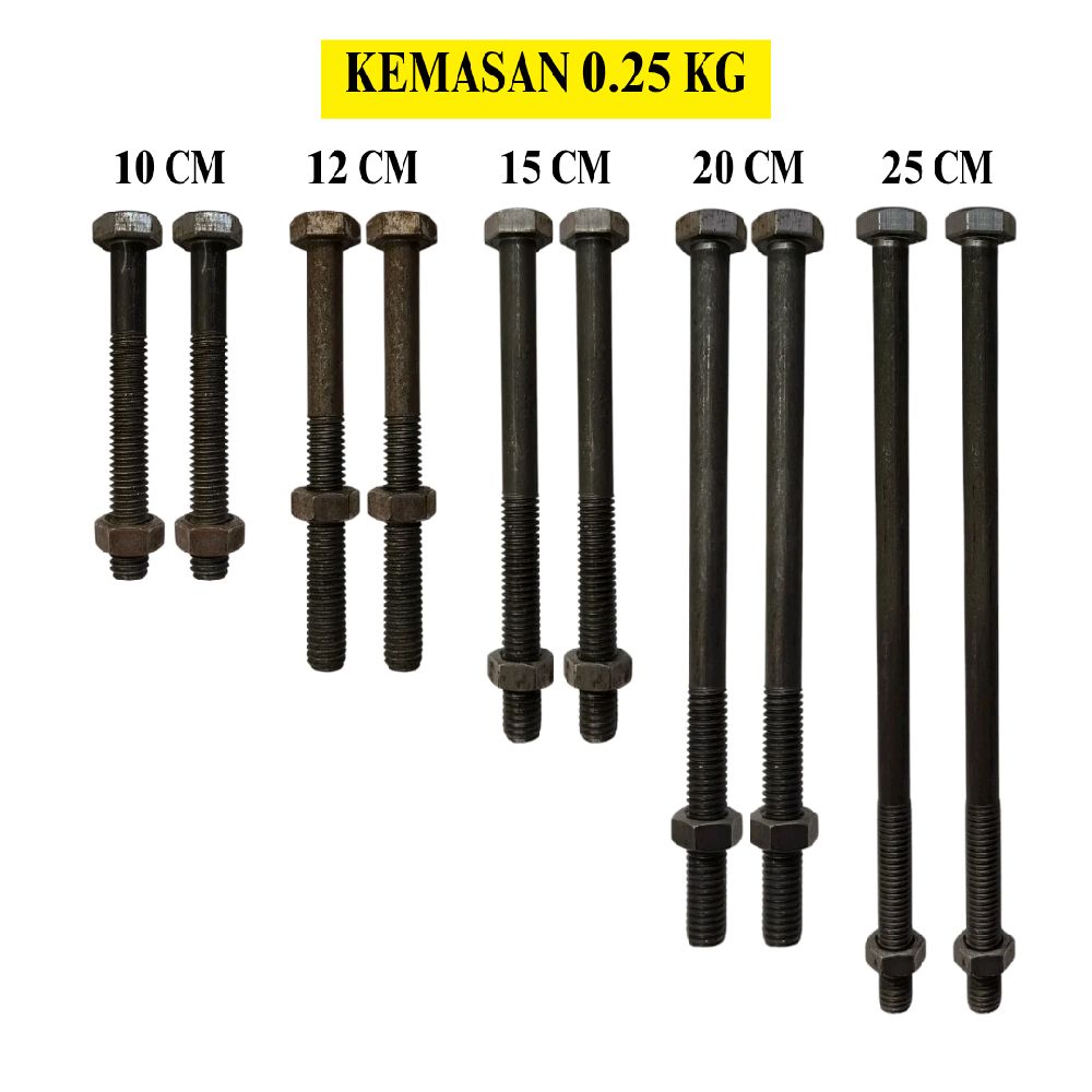 M 12 / TM Baut Mur Hexagon Bolt Nut Flat Head Hitam KG
