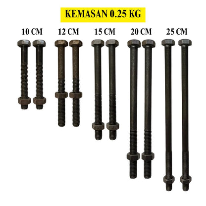 M 12 / TM Baut Mur Hexagon Bolt Nut Flat Head Hitam KG
