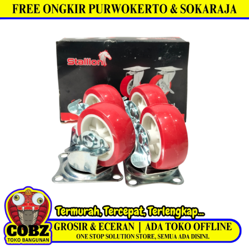 2 IN / STALLION Roda Rem Hidup Trolly Bentuk Drat 50 MM Karet Merah 4 Pcs Dus
