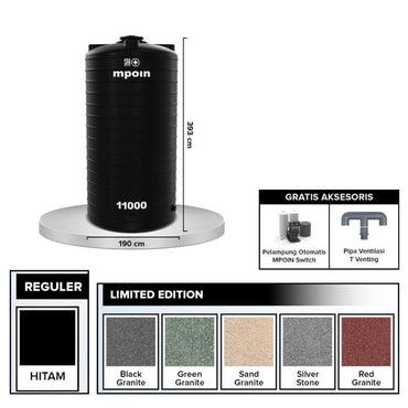11000 L / M POIN + WAVE G 11000 Water Torrent Tangki Tandon Air PVC Blak Granite + Acc Set