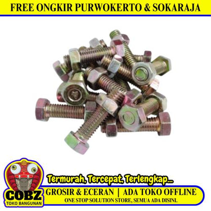 M 8 x 30 MM / TM Baut Mur Hexagon Bolt Nut Flat Head Kuning Biji