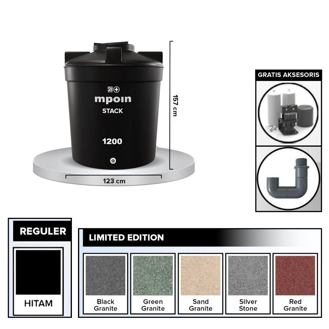 1200 L / MPOIN + STACK S1200 Water Torrent Tangki Tandon Air PVC Hitam + Acc Set