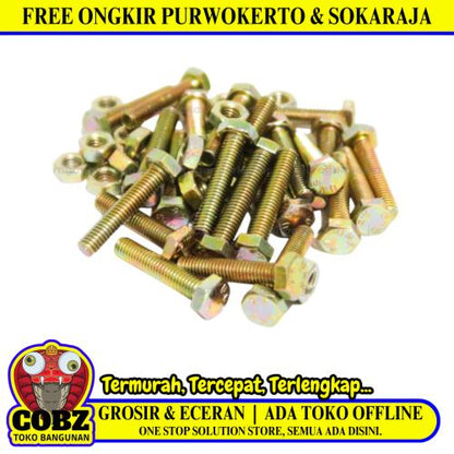 M 6 x 25 MM / TM Baut Mur Hexagon Bolt Nut Flat Head Kuning Biji