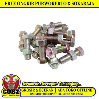 M 10 x 30 MM / TM Baut Mur Hexagon Bolt Nut Flat Head Kuning Biji