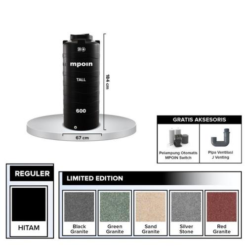 620 L / MPOIN + TALL TW 600 Water Torrent Tangki Tandon Air PVC Silver Stone + Acc Set