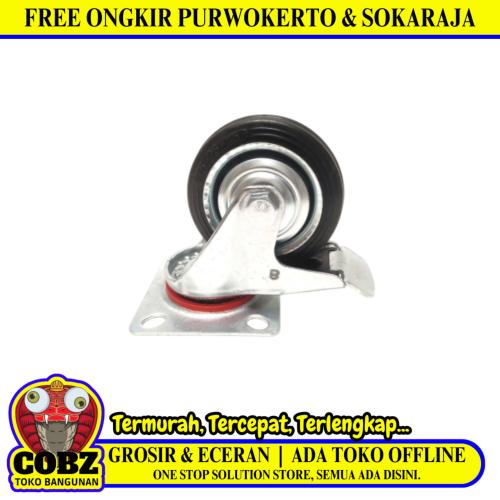 3 IN / FUKUDA Roda Rem Hidup Trolly Gepeng Plat 76 MM Karet Hitam