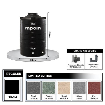 1500 L / MPOIN + WAVE P1600 Water Torrent Tangki Tandon Air PVC Silver Stone + Acc Set