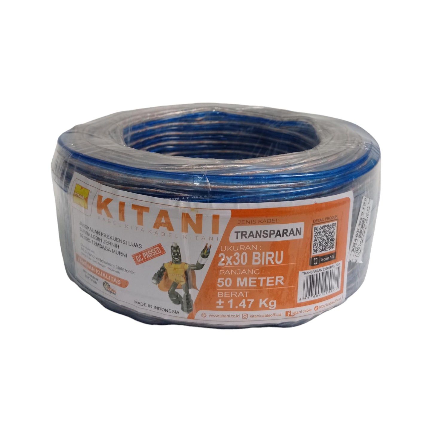 2 INTI x 30 MM x 50 M / KITANI Serabut Kabel Audio Tembaga SNI Biru Roll