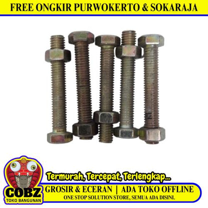 M 8 x 50 MM / TM Baut Mur Hexagon Bolt Nut Flat Head Kuning Biji