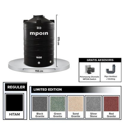 1500 L / MPOIN + WAVE P1600 Water Torrent Tangki Tandon Air PVC Black + Acc Set
