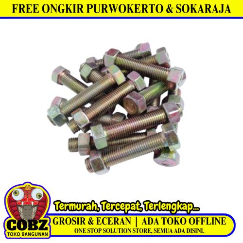 M 10 x 50 MM / TM Baut Mur Hexagon Bolt Nut Flat Head Kuning Biji