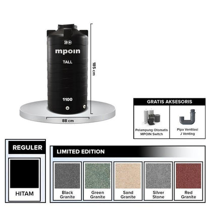 1100 L / MPOIN + TALLTW1100 Water Torrent Tangki Tandon Air PVC Red + Acc Set