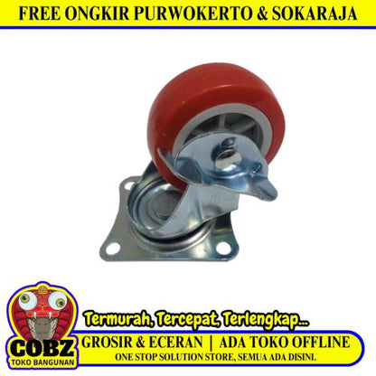 2 IN / TM Roda Hidup Trolly Rem Plat Nylon Merah Rem