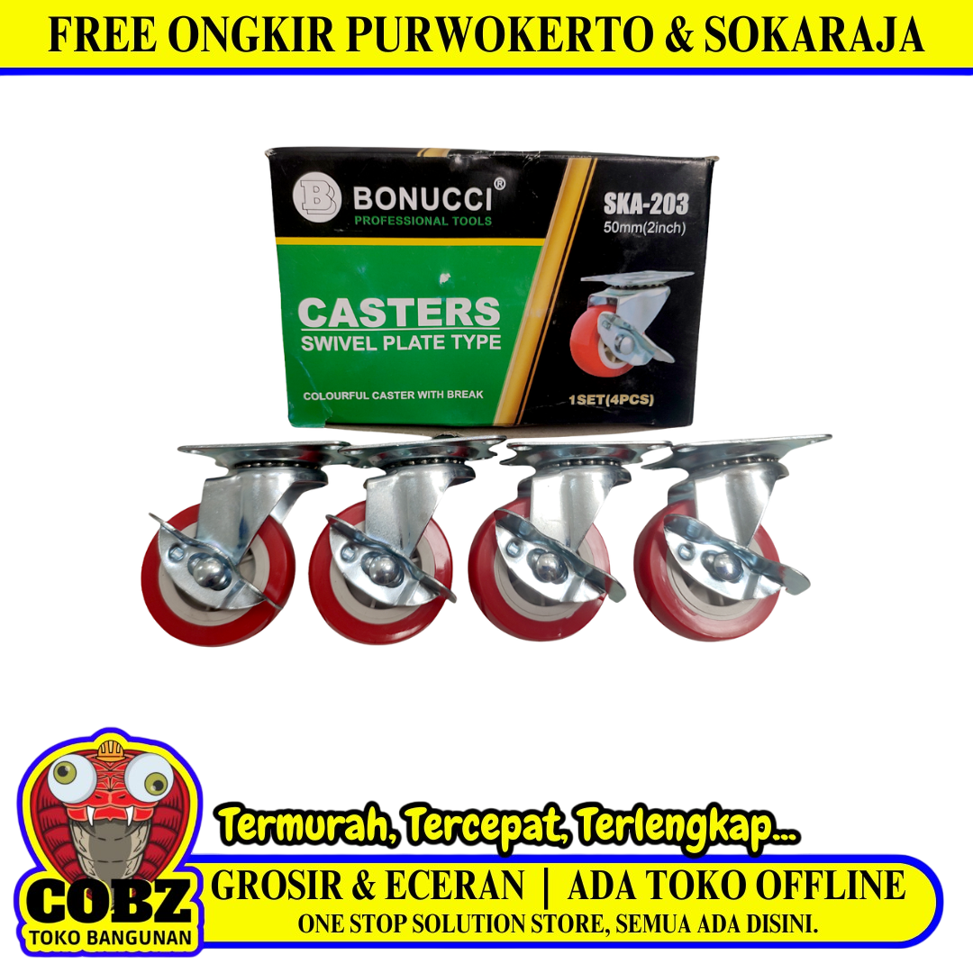 2 IN / BONUCCI SKA-203 Roda Rem Hidup Trolly Gepeng Plat 50 MM Nylon Merah 4 Pcs Dus