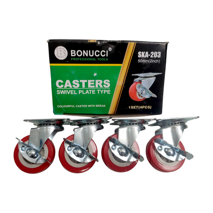 2 IN / BONUCCI SKA-203 Roda Rem Hidup Trolly Gepeng Plat 50 MM Nylon Merah 4 Pcs Dus