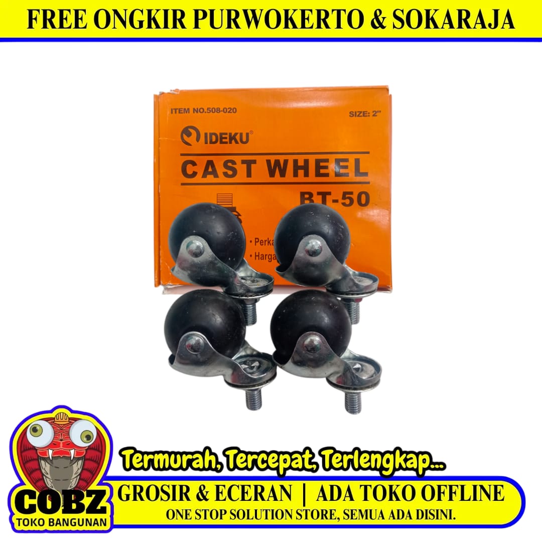 2 IN / IDEKU Roda Hidup Trolly Bulat Drat 50 MM Karet Warna 4 Pcs Dus