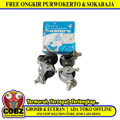 2 IN / SKK UT-50RS Roda Rem Hidup Trolly Bulat Drat 50 MM Karet Hitam 4 Pcs Dus