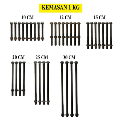 M 12 / TM Baut Mur Hexagon Bolt Nut Flat Head Hitam KG