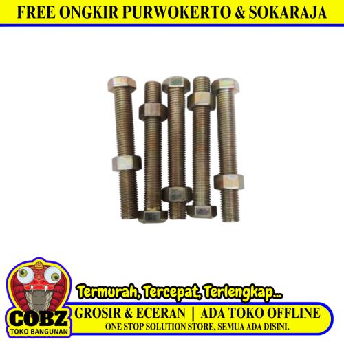 M 10 x 75 MM / TM Baut Mur Hexagon Bolt Nut Flat Head Kuning Biji