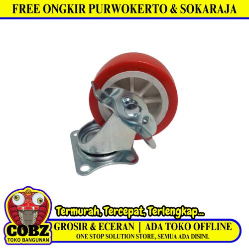 3 IN / TM Roda Hidup Trolly Rem Plat Nylon Merah Rem