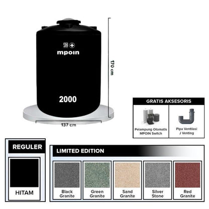 2000 L / M POIN + WAVE P 2000 Water Torrent Tangki Tandon Air PVC Silver Stone + Acc Set