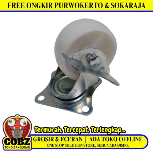 2 1/2 IN / TM  Roda Hidup Trolly Rem Plat Nylon Putih Rem