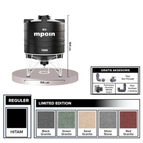 1500 L / MPOIN + DRAIN D 1500 Water Torrent Tangki Tandon Air PVC Granite + Acc Set
