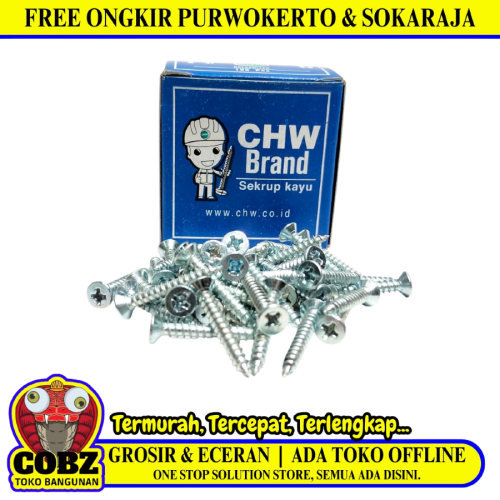 1 IN / CHW BRAND Sekrup Baut Kayu Kepala Rata Plus Wood Screw Dus