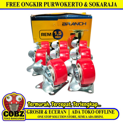 1 1/2 IN / BRANCH BPR-5040R Roda Rem Hidup Trolly Plat Karet Merah 8 Pcs Dus