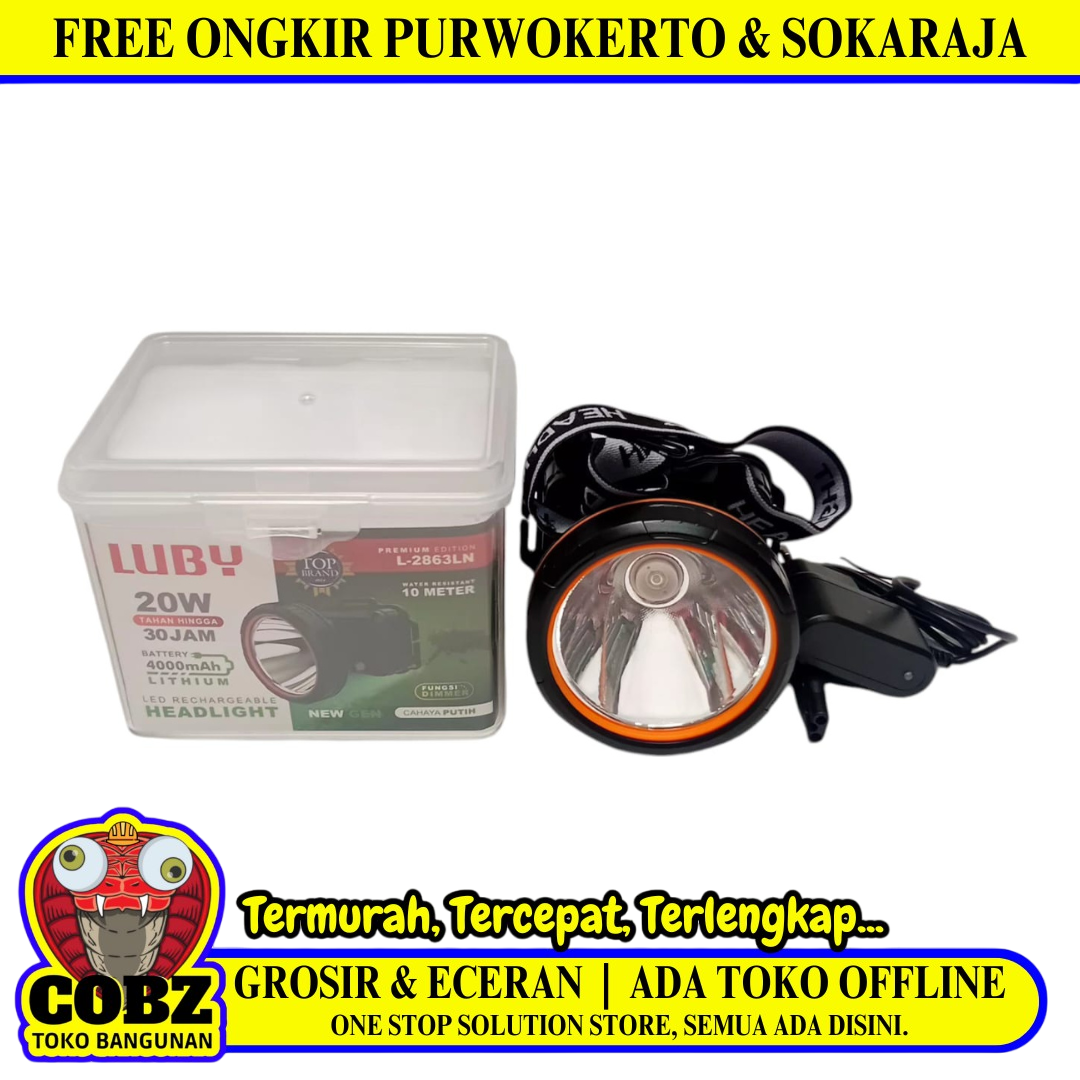 20 WATT / LUBY L-2863LN Senter Kepala Lampu LED Headlamp Jauh Dekat Charge