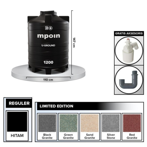 1100 L / MPOIN + U GROUND UG 1200 Water Torrent Tangki Tandon Air PVC Black + Acc Set
